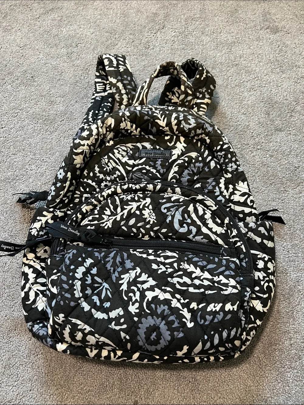 Vera Bradley Baroque Floral Quilted Backpack in Black Grey Cream